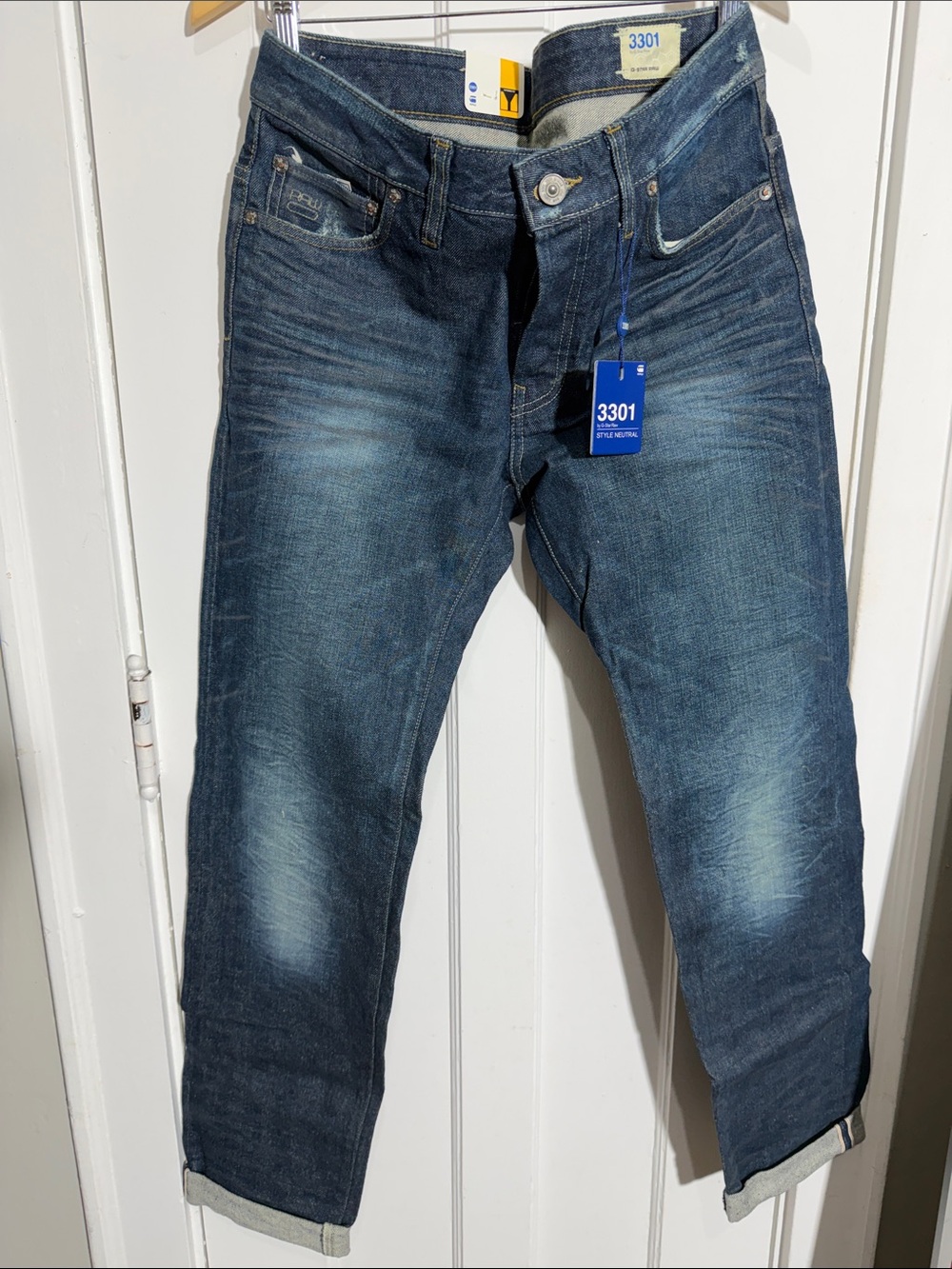 G-Star RAW 3301 Selvedge Denim labeled size 31z34, measures 33x33